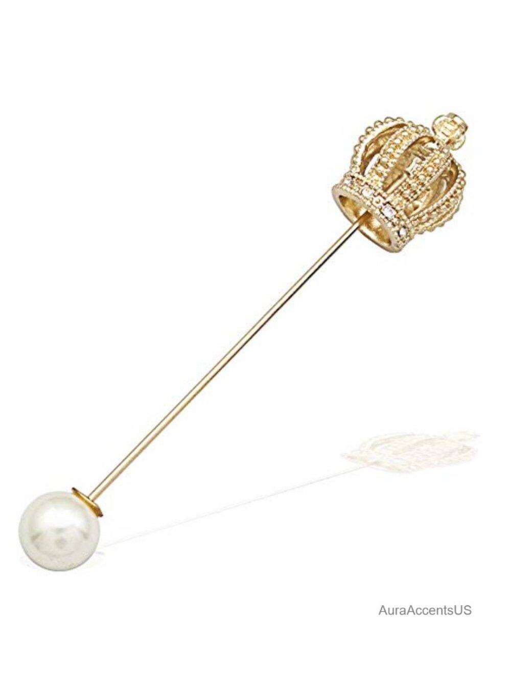 Gold Plated Metal Crown Brooch Pin Faux Pearl Lapel Stick Pin for Hat Scarf